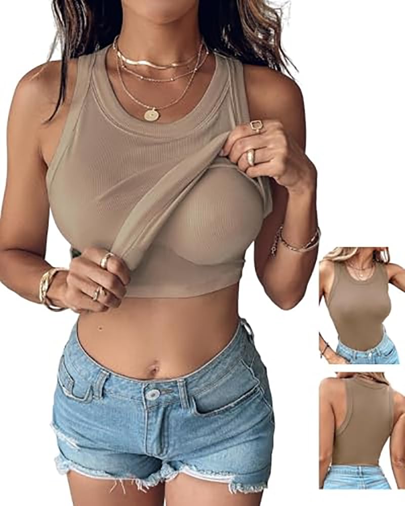 CHICME Women Built-in Bra Tank Tops Sleeveless Casual Shirts Racerback Ribbed Fitted Tank Tops