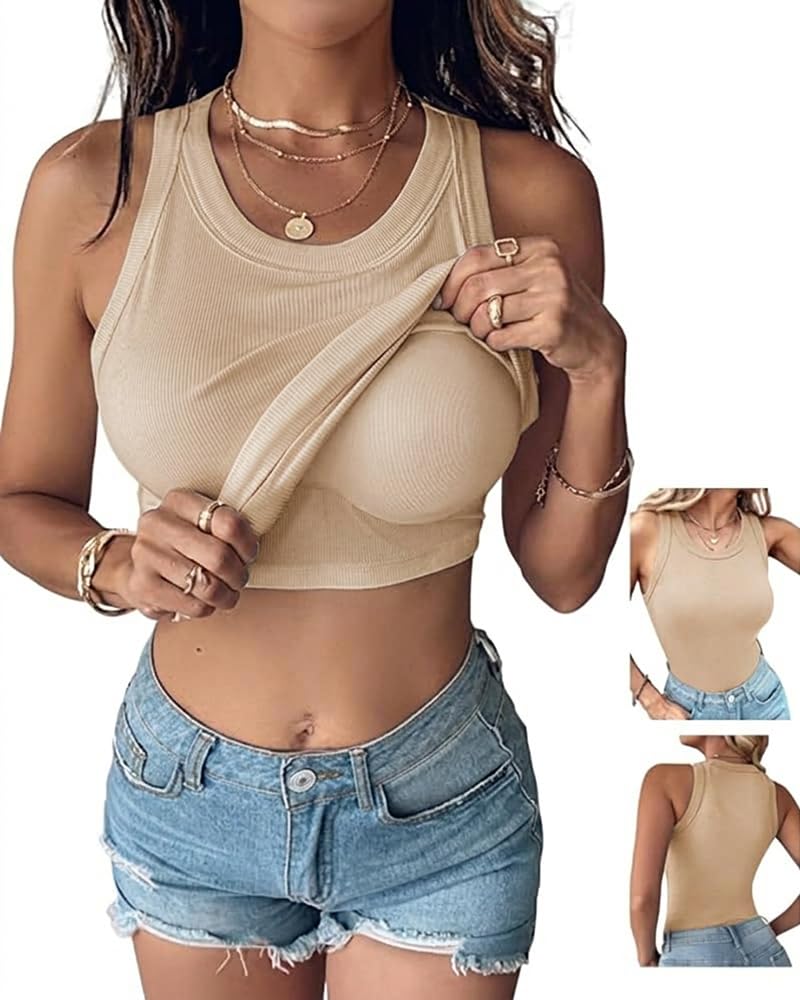 CHICME Women Built-in Bra Tank Tops Sleeveless Casual Shirts Racerback Ribbed Fitted Tank Tops