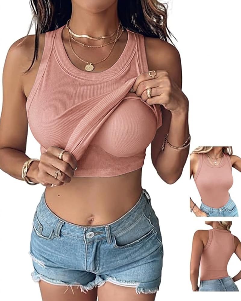 CHICME Women Built-in Bra Tank Tops Sleeveless Casual Shirts Racerback Ribbed Fitted Tank Tops
