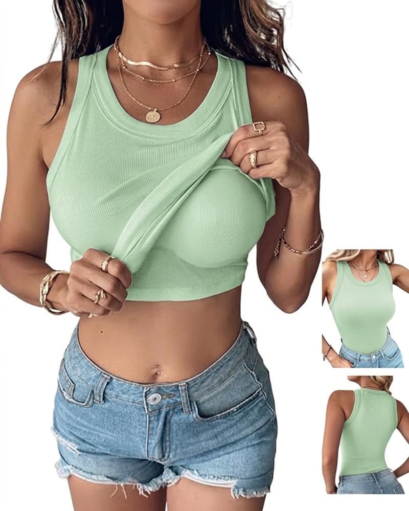 CHICME Women Built-in Bra Tank Tops Sleeveless Casual Shirts Racerback Ribbed Fitted Tank Tops
