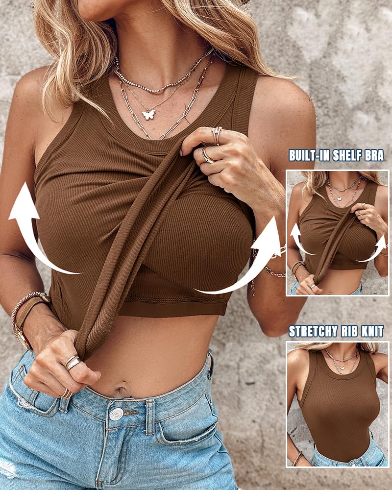 CHICME Women Built-in Bra Tank Tops Sleeveless Casual Shirts Racerback Ribbed Fitted Tank Tops